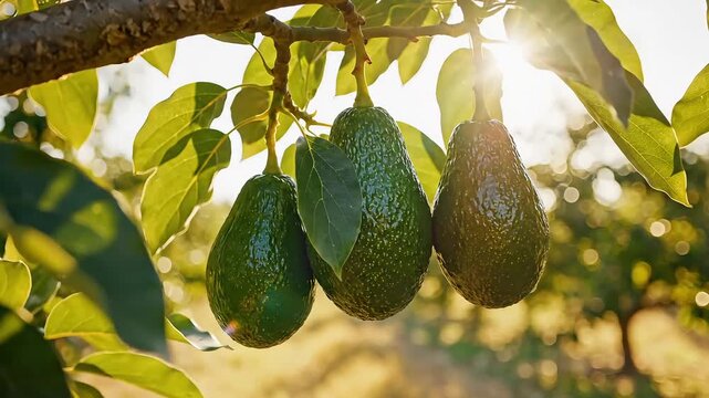 Sun-drenched avocados swaying gently on the branch, promising fresh flavors and healthy recipes for vibrant meals, ideal for nutrition content