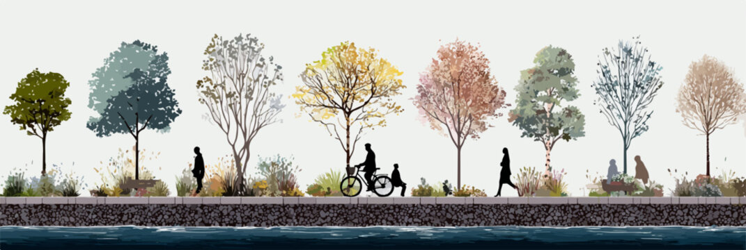 Ilustraci&oacute;n vectorial de un paseo mar&iacute;timo con &aacute;rboles de diferentes estaciones y personas disfrutando del entorno.