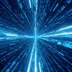 A dynamic digital data stream visualization with glowing blue lines and particles creating a sense of high-speed information transfer in a futuristic environment