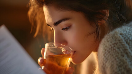 a woman drinking tea and reading. The woman appears focused, relaxed, and enjoying a moment of tranquility