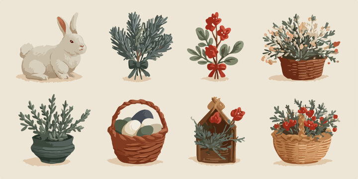 Ilustraci&oacute;n vectorial de un conejo blanco, ramos de flores y cestas decorativas sobre un fondo beige, ideal para Pascua.