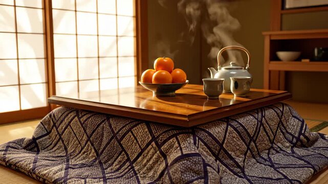 Warm winter moment in a Japanese room with a kotatsu, mandarin oranges, and steaming teapot