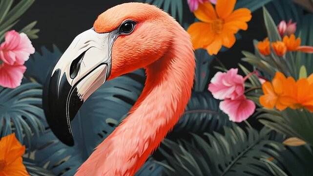 An animated illustration of a pink flamingo in a tropical jungle. Close-up of an exotic bird surrounded by vibrant flowers and leaves. Modern digital painting with motion graphics