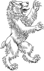 A heraldry coat of arms crest style rearing heraldic bear standing on hind legs in a vintage woodcut style