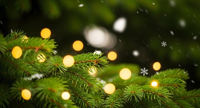 Pine tree branches with glowing lights and falling snowflakes