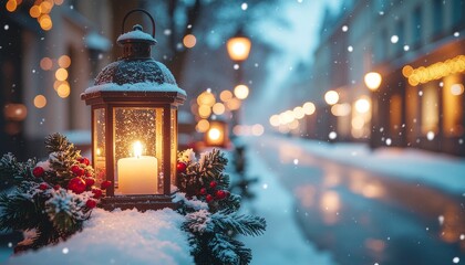 雪の降る街角：クリスマスの飾り付けがされたランタンと温かい街灯の光