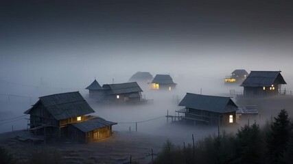Eerie Foggy Village Dusk Scene Rustic Wooden Houses Warm Light Through Windows Mysterious - Powered by Adobe