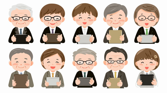 Ilustraci&oacute;n vectorial de diversos profesionales de negocios sonrientes sosteniendo tabletas, representando un equipo diverso y moderno.