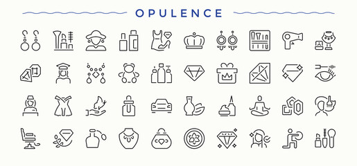 Opulence line icon set. Modern vector UI icons. Pixel perfect. Editable stroke. Elegance icon. Contain linear sign jewelry, fashion, gems, expensive, gem, precious, gold and more.