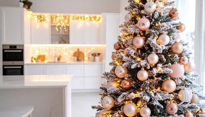 Christmas Tree in Modern Kitchen with Festive Decorations.