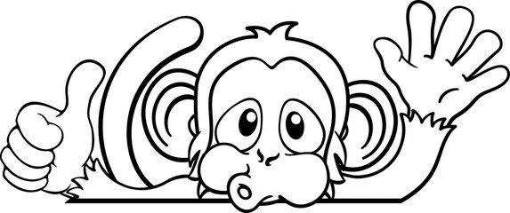 Monkey Cartoon Animal Behind Sign Thumbs Up Waving