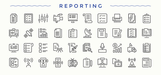 Reporting icon collection. Contain linear sign data, list, paper, document and files, text, page and more. Page icon set in linear style. Line symbol and sign. Editable vector. Pixel perfect.