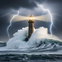 A lighthouse stands tall amidst a stormy sea with lightning illuminating the dark, turbulent sky, creating a dramatic and powerful maritime scene