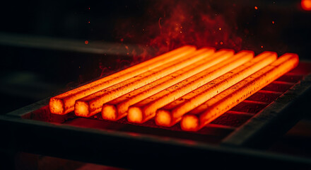 Hot Metal Rods glowing red in industrial furnace during manufacturing process