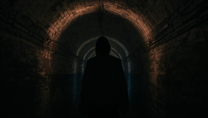 Mysterious Figure in Shadows of Dark Abandoned Tunnel