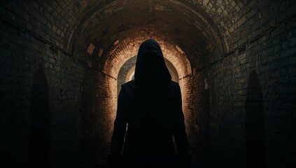 Mysterious Figure in Dark Tunnel with Shadows and Eerie Atmosphere
