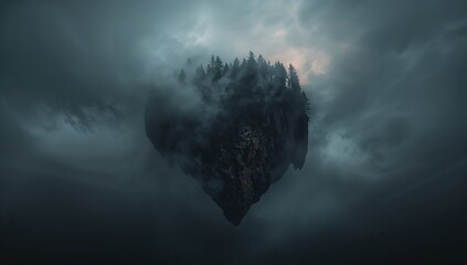 Mysterious Floating Island Surrounded by Dark Stormy Clouds
