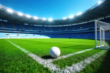 Soccer ball on stadium lines, geometric focus, clean turf, architectural perspective, precision sport A soccer ball perfectly centered on a white line marking of a soccer stadium field. The image