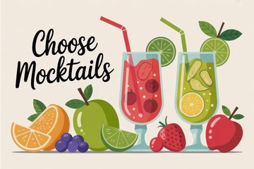 Bright card inviting you to choose refreshing mocktails with vibrant fruits in a lively setting. Dry January