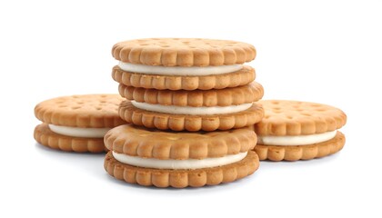 Delicious Cream-Filled Sandwich Cookies Stacked on White Background.
