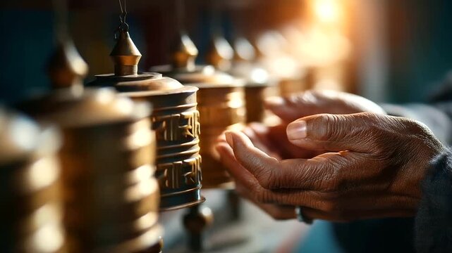 Buddhist prayer wheels spinning at Sikkim gompa, hands in motion, India, Buddhism, Sikkim, monastery, prayer wheel, ritual, spirituality, culture, with copy space