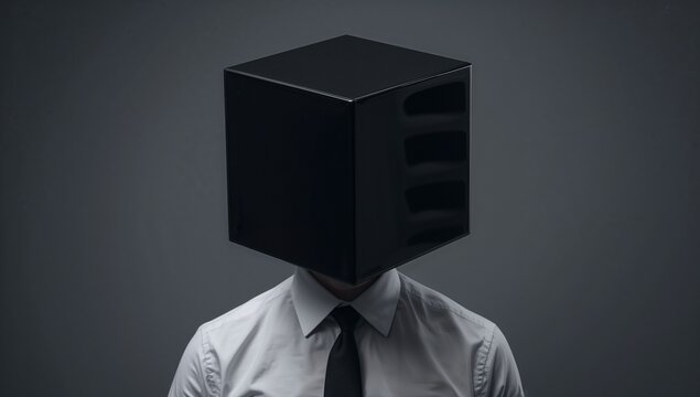 Abstract Portrait of a Person with a Geometric Black Cube Head