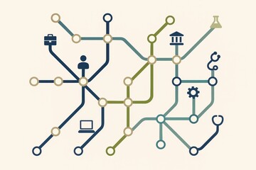 Conceptual pathways integrating technology, science, and professional sectors highlighting collaboration and innovation in a digital age driven by interconnected networks