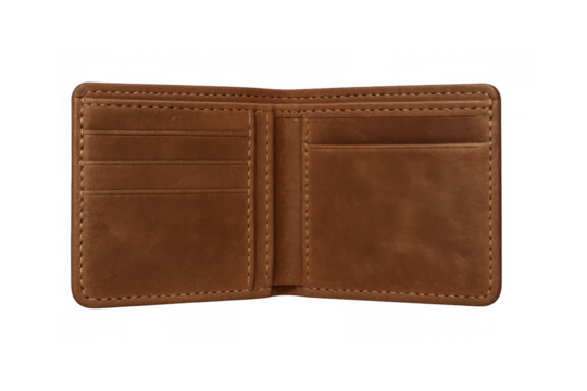 Empty bifold wallet displaying brown leather texture and inner compartments. A personal accessory for finances and shopping