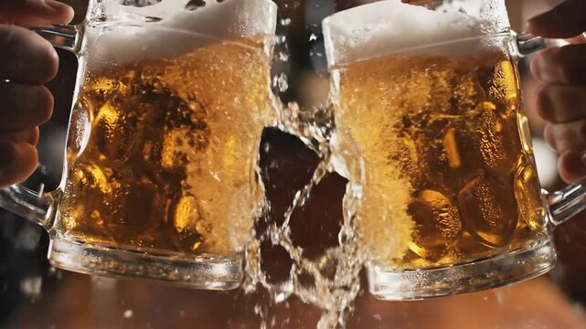 Cheers and Celebration: Beer Mugs Clinking Together in a Pub or Bar Setting for Friendship