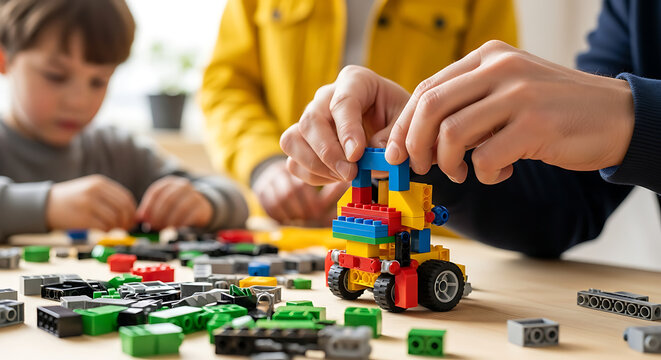 A family enjoys creative playtime, building with colorful interlocking plastic toy blocks together