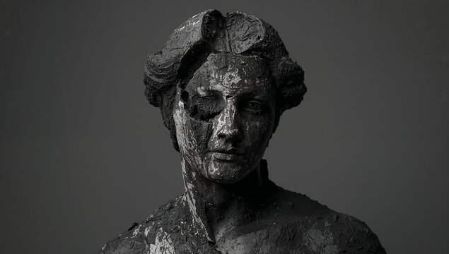 Abstract sculpture of a woman in dark material with textured surface