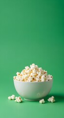 A white bowl filled with freshly popped popcorn placed on a vibrant green background for a snack or movie night setting