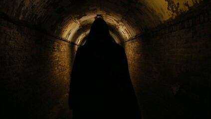Mysterious shadowy figure in dark tunnel creating eerie atmosphere