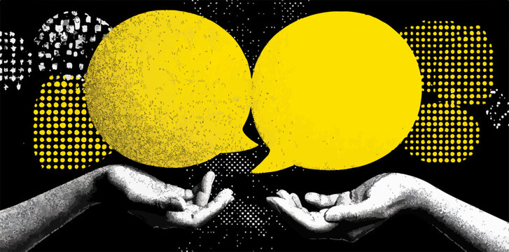 Ilustraci&oacute;n vectorial que representa el intercambio de ideas y la comunicaci&oacute;n entre personas con burbujas de di&aacute;logo amarillas.