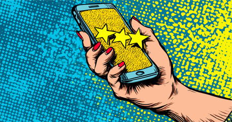 Ilustración vectorial de una mano sosteniendo un teléfono inteligente con tres estrellas, representando una buena calificación o reseña del cliente.