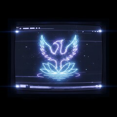 A digital neon illustration of a majestic swan with outstretched wings emerging from a lotus flower, displayed on a futuristic screen with glowing effects and sparkling particles