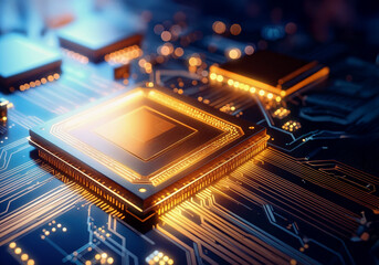 Close Up of a Computer Microchip with Many Components and Blue Glowing Elements Around Its Surface