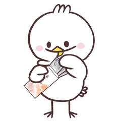 お年玉袋を開ける白い鳥のイラスト