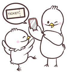 スマホでチケットを入手した白い鳥のイラスト