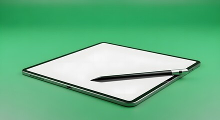 A modern digital tablet with a stylus pen resting on its screen against a vibrant green background, suitable for technology and innovation themes