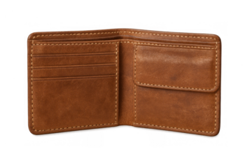 Open brown leather bifold wallet with multiple card slots and coin pocket, empty, transparent background, clipping path