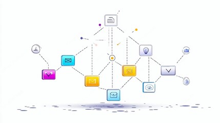 A dynamic network of colorful icons, including mail, documents, and ideas, connected by dashed lines, symbolizing communication and data flow.