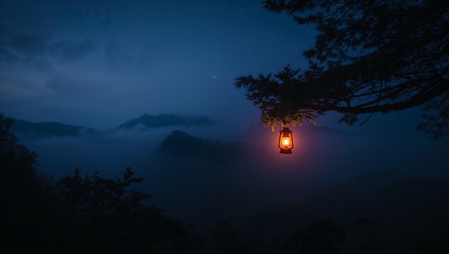 Serene Lantern Hanging from Tree in Misty Mountain Landscape