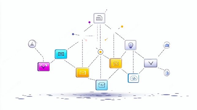 A dynamic network of colorful icons, including mail, documents, and ideas, connected by dashed lines, symbolizing communication and data flow.