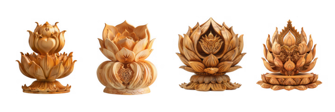 Four golden lotus flower sculptures on transparent background