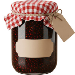 Glass jar of dark jam with checkered cloth lid and blank label isolated on transparent background