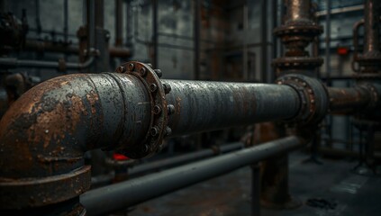 Rusty Industrial Pipe in Dark Mechanical Environment with Grime