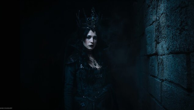 Mysterious woman in dark attire with crown standing in dim corridor