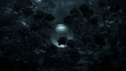 Dark and Mysterious Rose Garden with Glass Orb in Moonlight