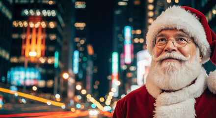 Santa Claus in modern city, observing the urban landscape during Christmas, is filled with joy. Santa Claus reflects holiday cheer and spirit in busy environment. 